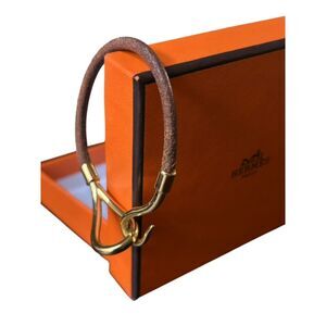 HERMES Brown Leather Jumbo Hook Single Tour Bracelet Bangle Gold Hardware w/Box